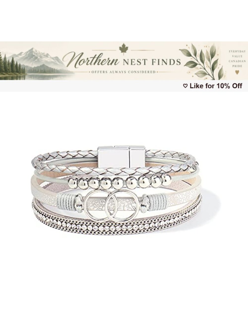 Leather Cuff Bangle Beaded Wrap Bracelet with Magnetic Clasp Stackable Boho